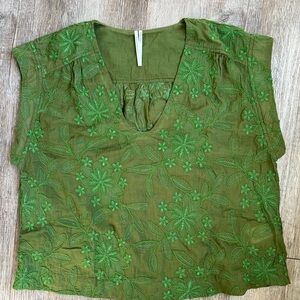 Anthropologie Green Embroidered Blouse 100% Cotton Size M